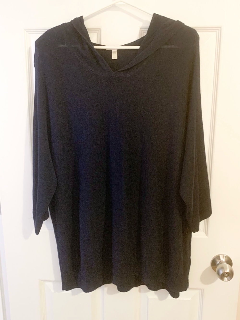 Eileen Fisher Navy Blue 100% organic linen Relaxed Hooded Knit Top - size L